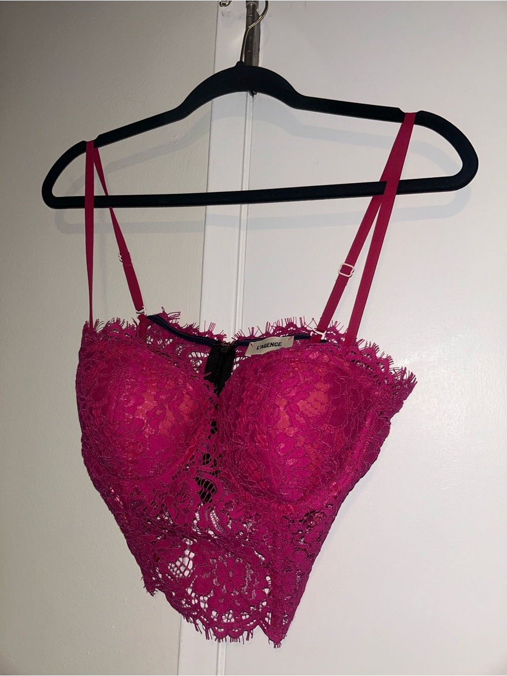 L'AGENCE Fuchsia Sophia Lace Bustier Crop Top with Adjustable Detachable Straps